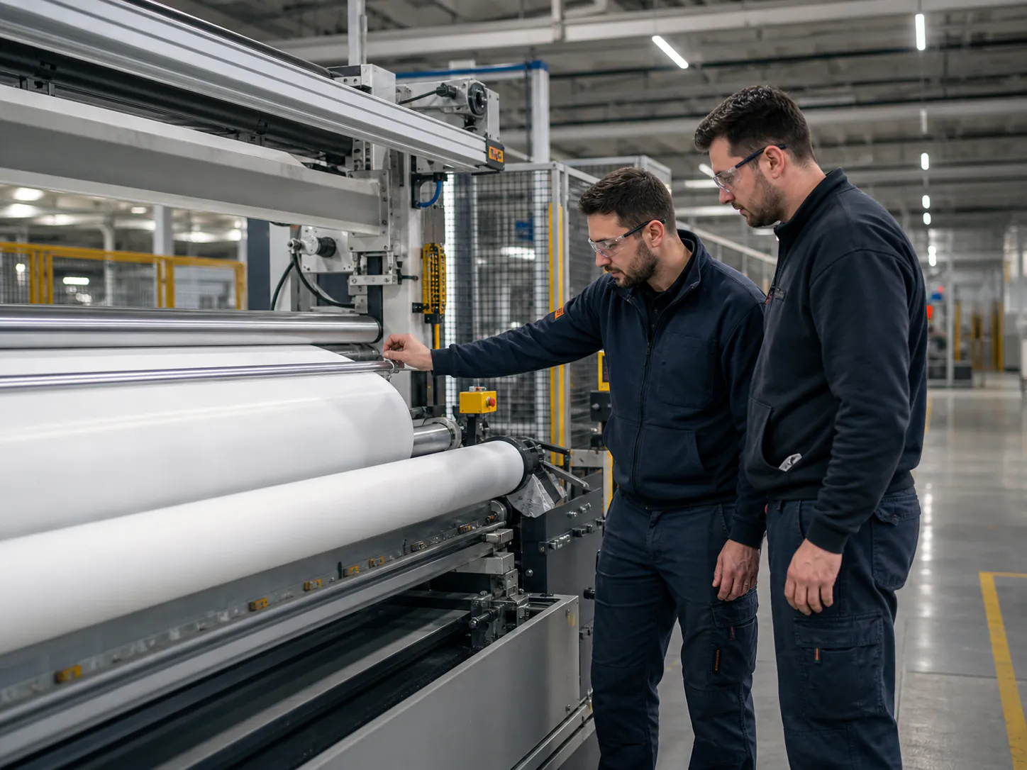 Engineers inspecting textile production equipment