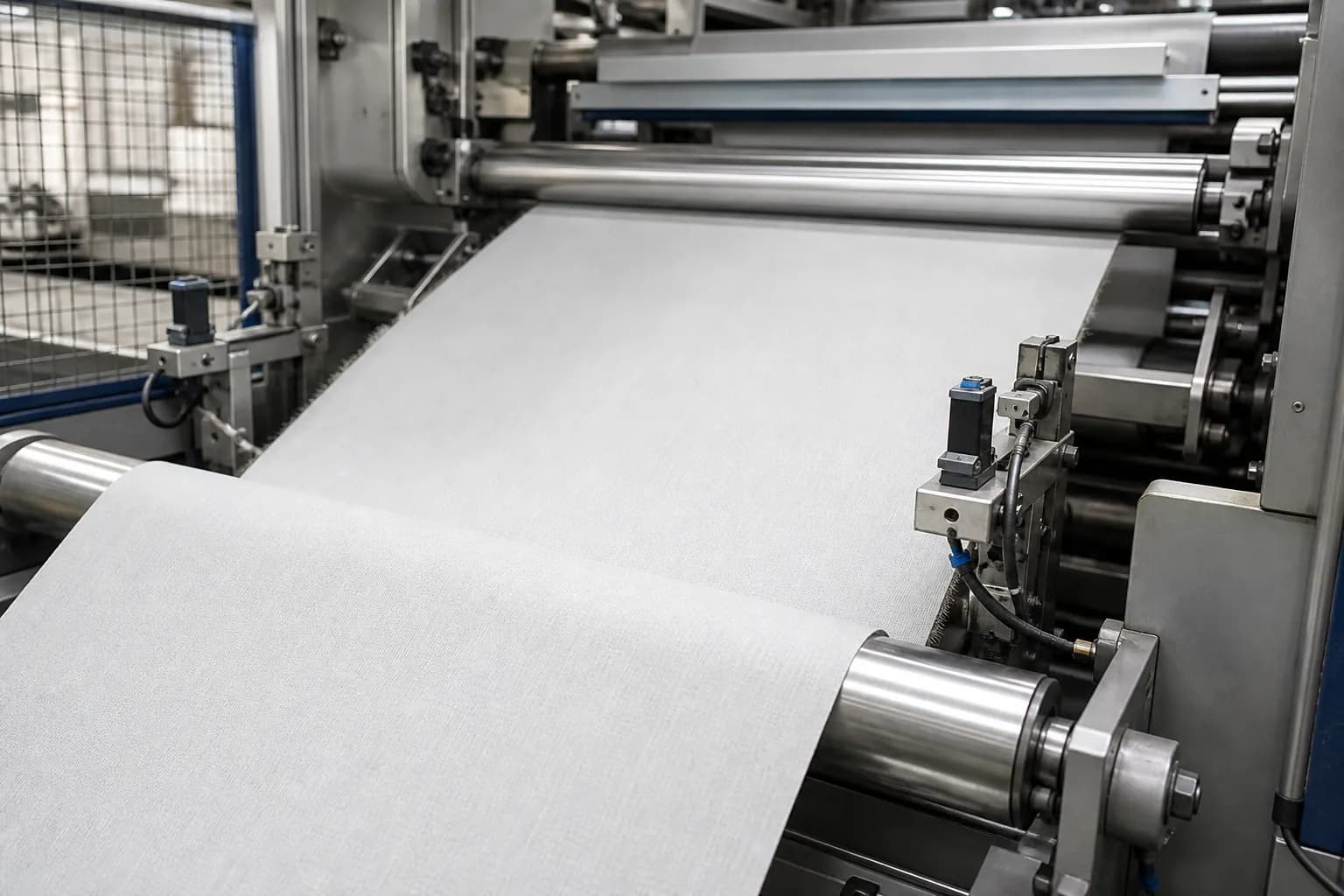 Fabric moving through precision finishing rollers