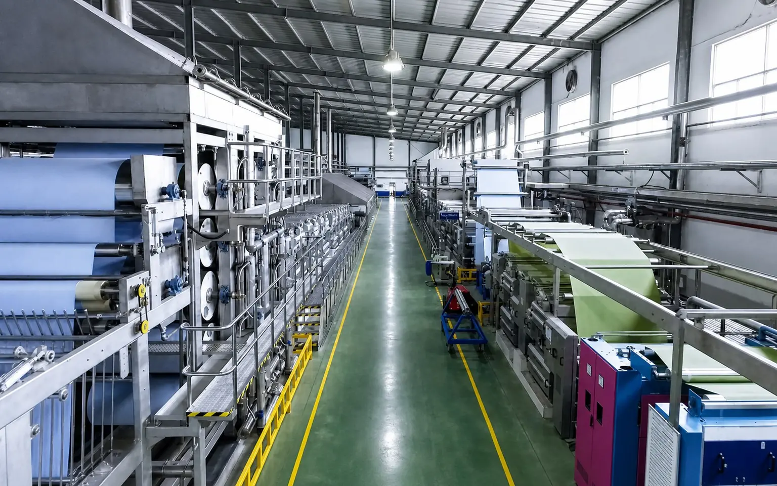 Long textile machinery production floor with organized equipment lines